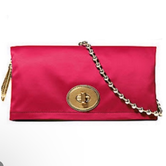 Coach Handbags - Coach Amanda Host Pick Fuscia/coral Satin clutch w/gold chain & turnlock w/Tags